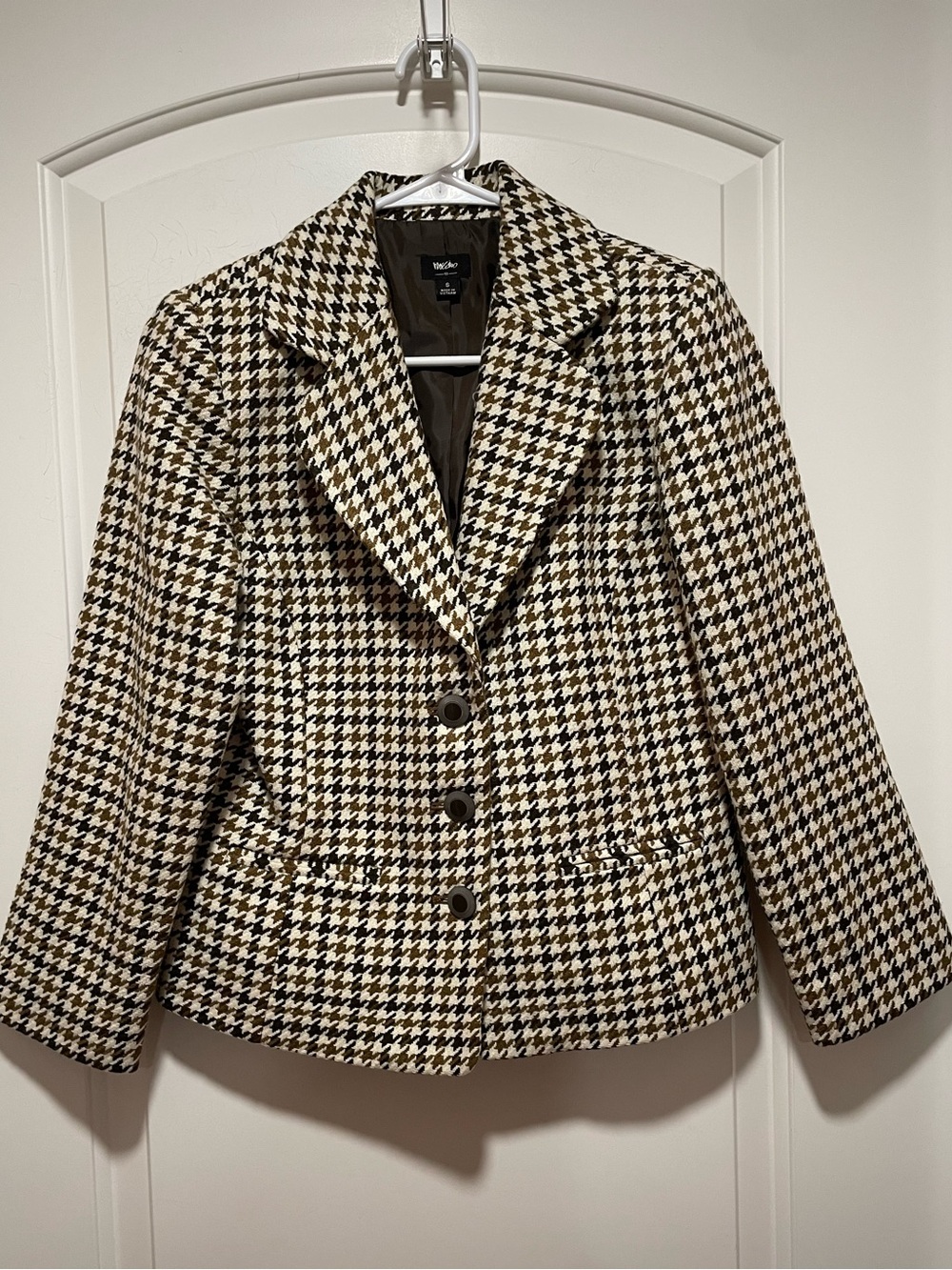 Classic Fall Layering Piece Tailored Black Cream Brown Houndstooth Blazer Sz S
